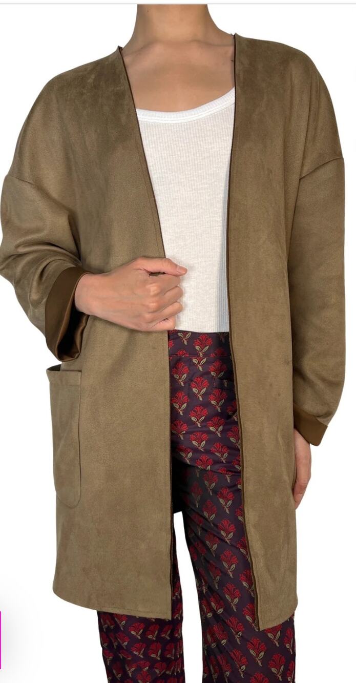 Carmen Marc Valvo Tan Ultra Suede Open Cardigan Jacket Sz M Old Money Classic
